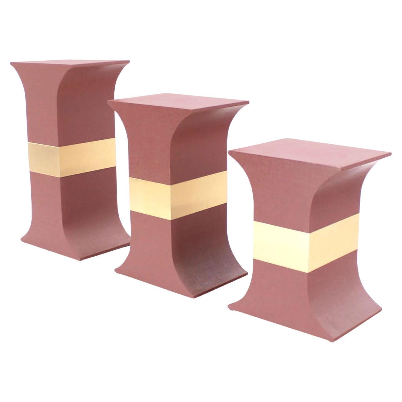 Grasscloth Wrapped Three Mid Century Modern Pink Lacquer Brass Trim Pedestals For Sale