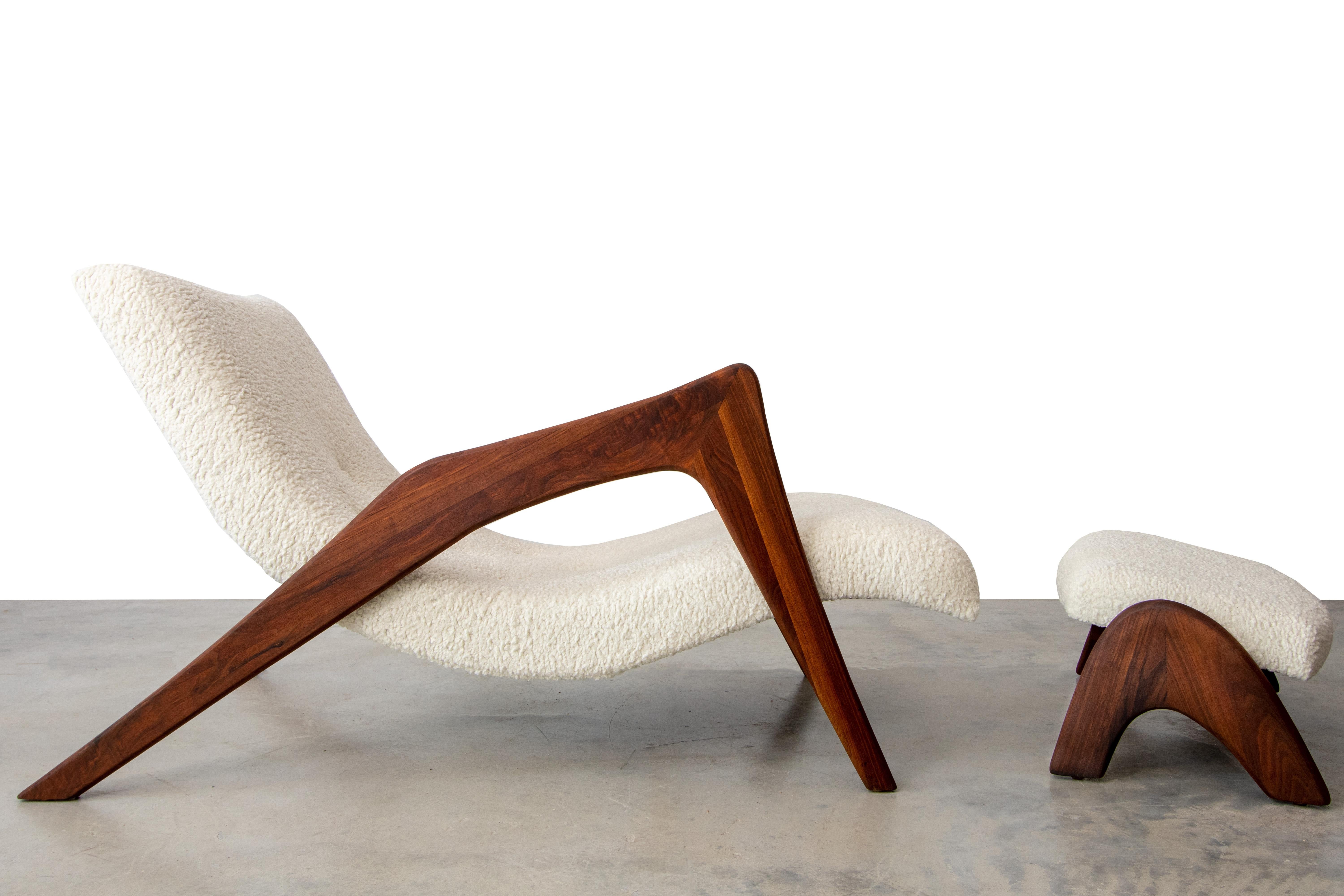 Crescent lounge chair and ottoman by Adrian Pearsall for Craft Associates Model 745-LB aka the “Grasshopper chair”. The chaise lounge consists of solid walnut legs and new boucle covered curved seats. The chair and ottoman have been completely