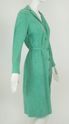 Grasshopper Green Belted Ultrasuede Shirt Dress with Patch Pockets – M, 1970s