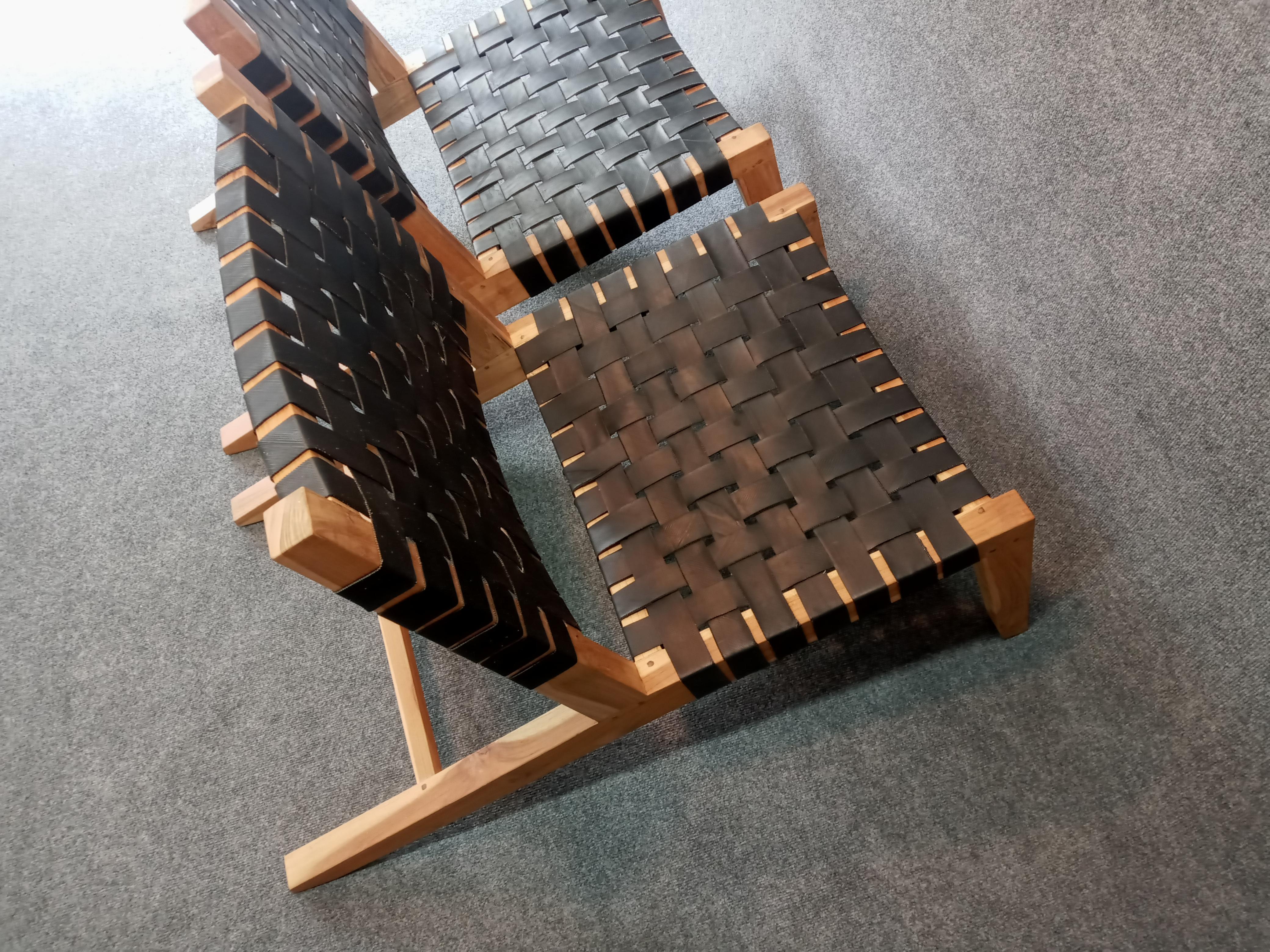 Mid-Century Modern Grasshopper Lounge Chairs Pair, Mid-Century Inspired, Teak Frames, Woven Straps For Sale