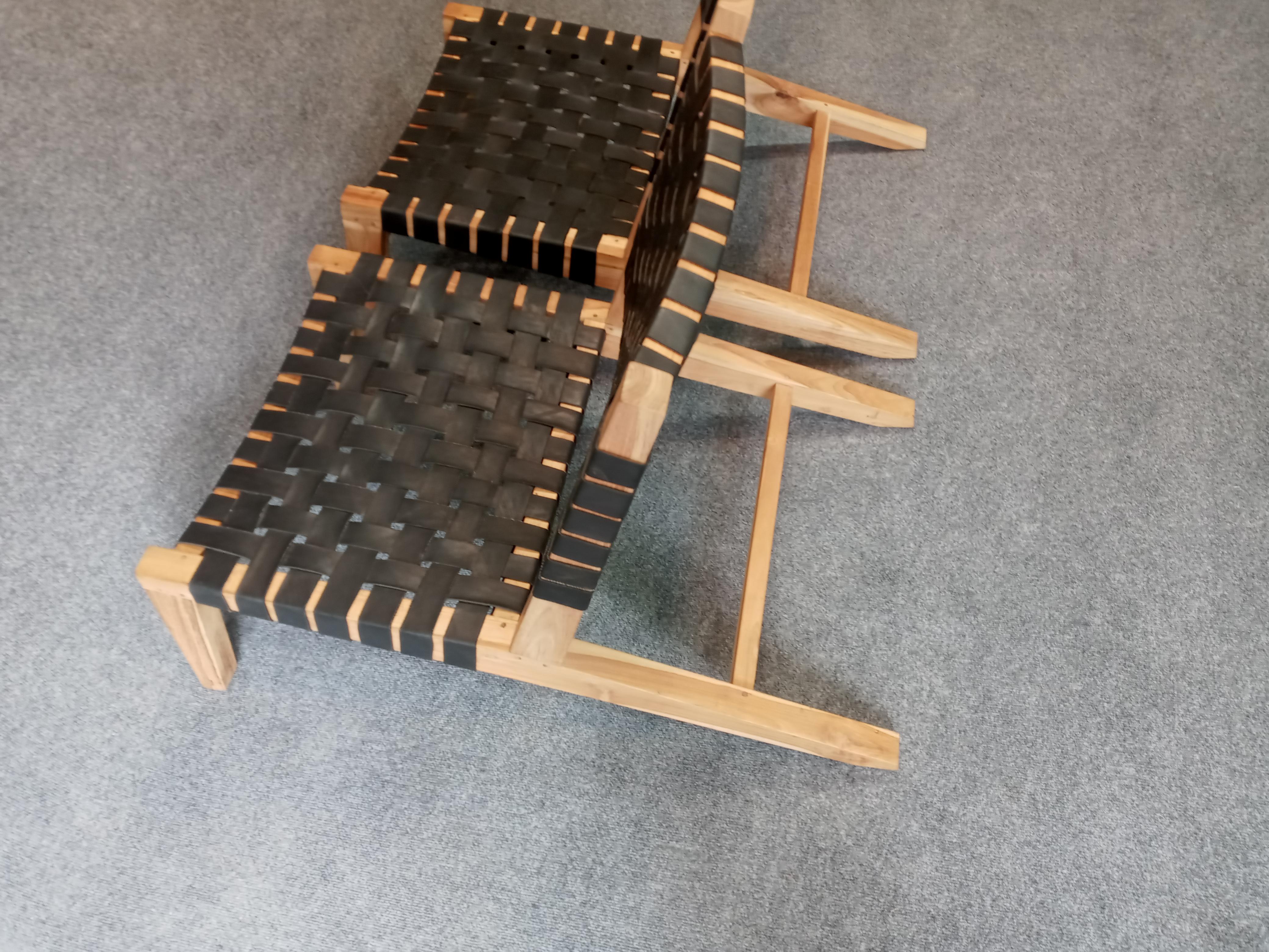 Mid-Century Modern Grasshopper Lounge Chairs Pair, Mid-Century Inspired, Teak Frames, Woven Straps For Sale