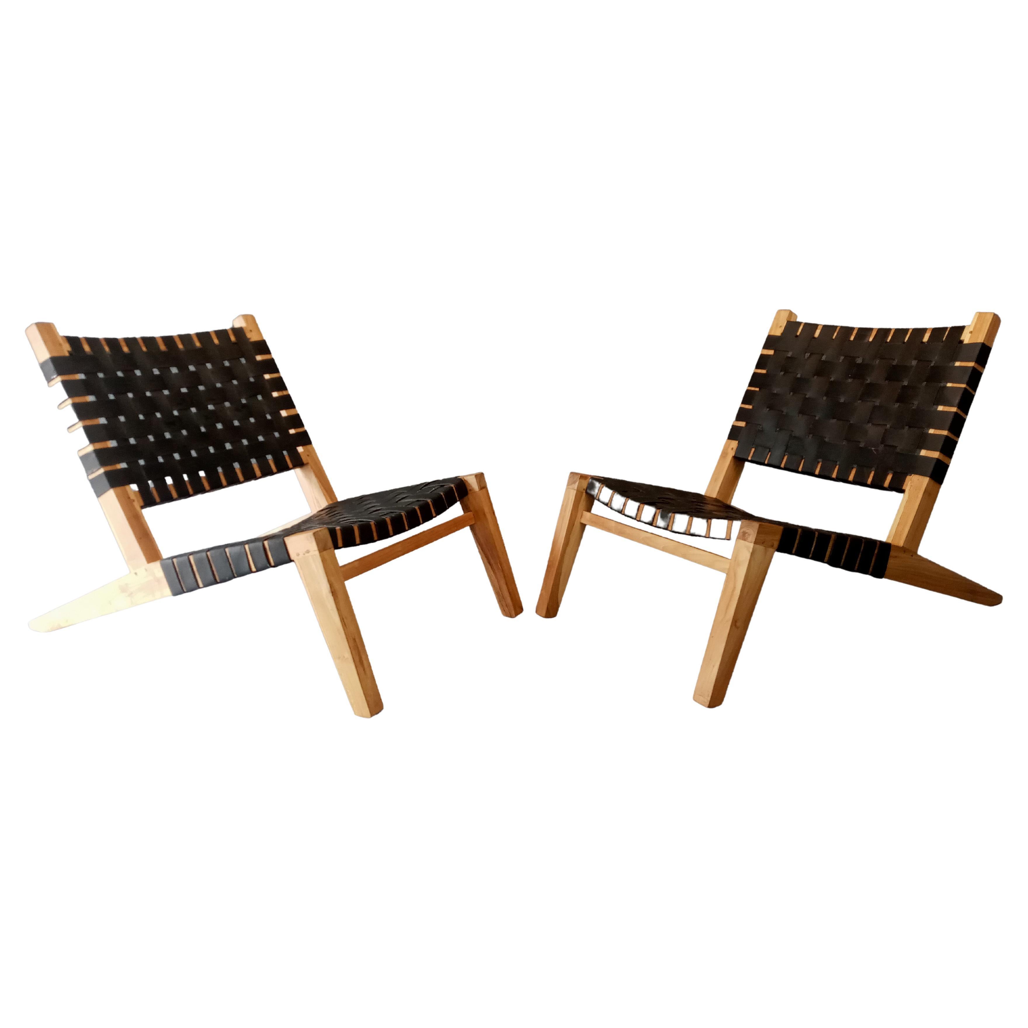Grasshopper Lounge Chairs Pair, Mid-Century Inspired, Teak Frames, Woven Straps For Sale