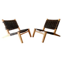 Grasshopper Lounge Chairs Pair, Mid-Century Inspired, Teak Frames, Woven Straps
