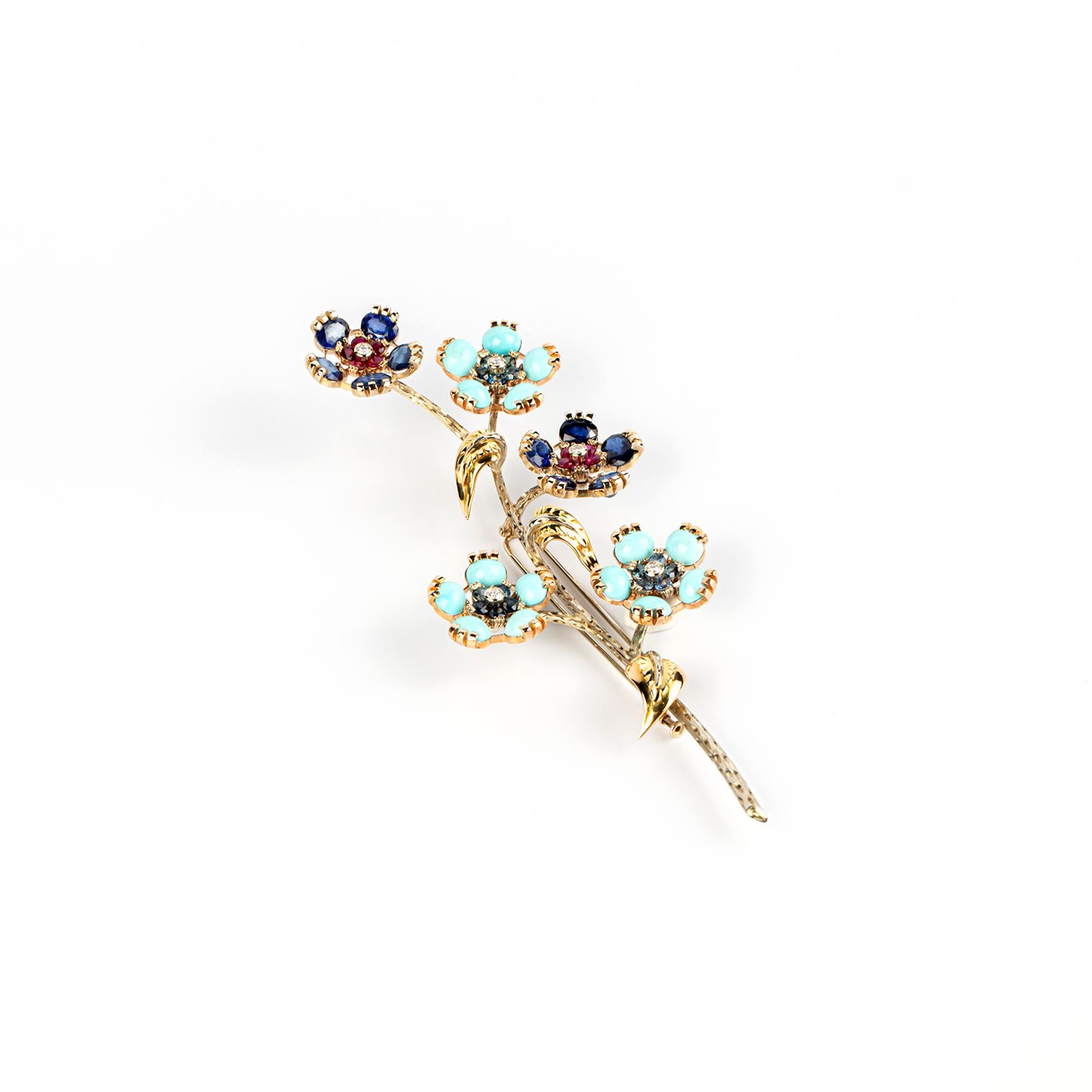 Mixed Cut Grassi ‘En Tremblant’ Gold and Multi-Gem Brooch For Sale