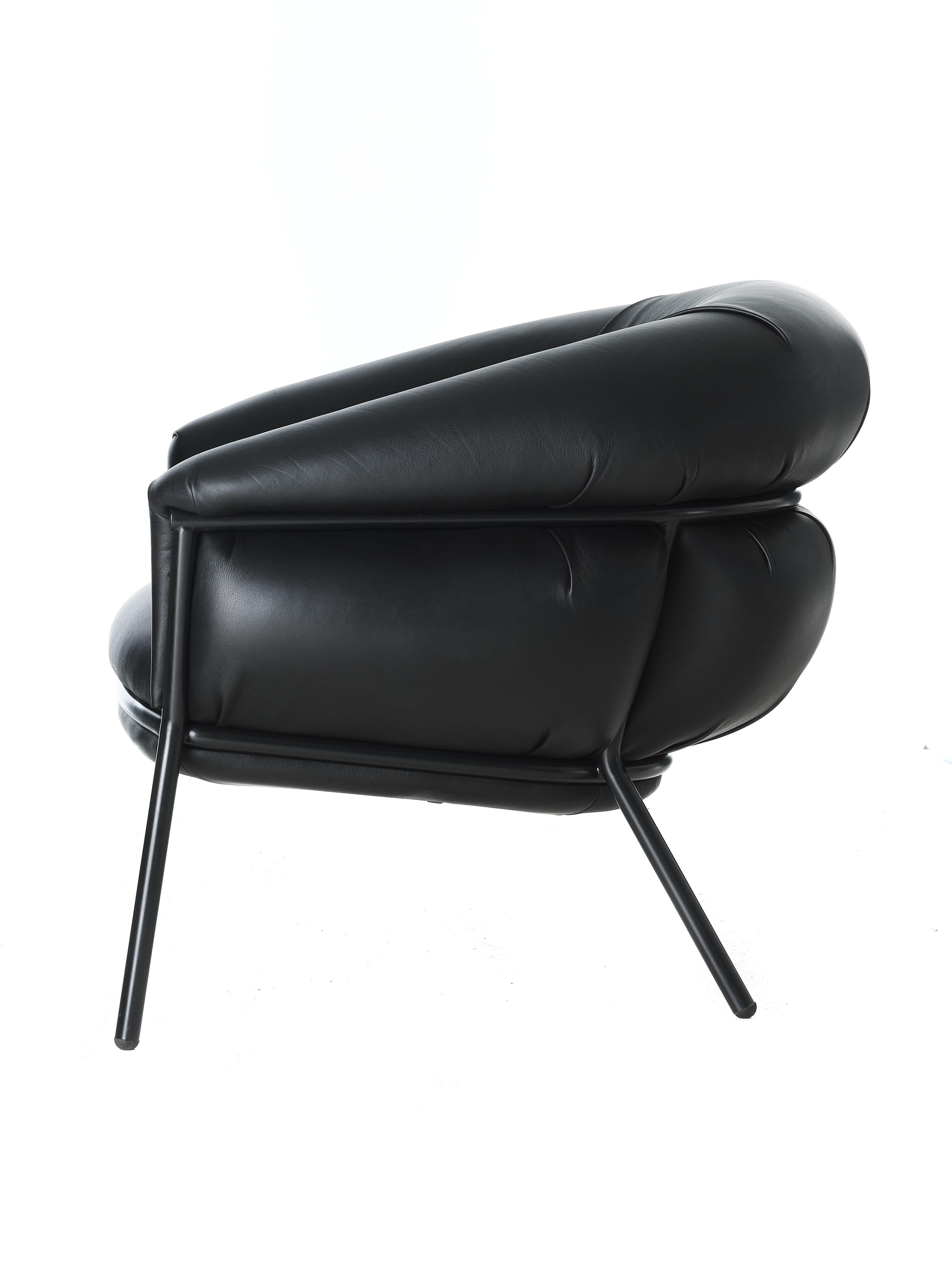 Painted Grasso Armchair by Stephen Burks black padded leather upholstery black structure For Sale