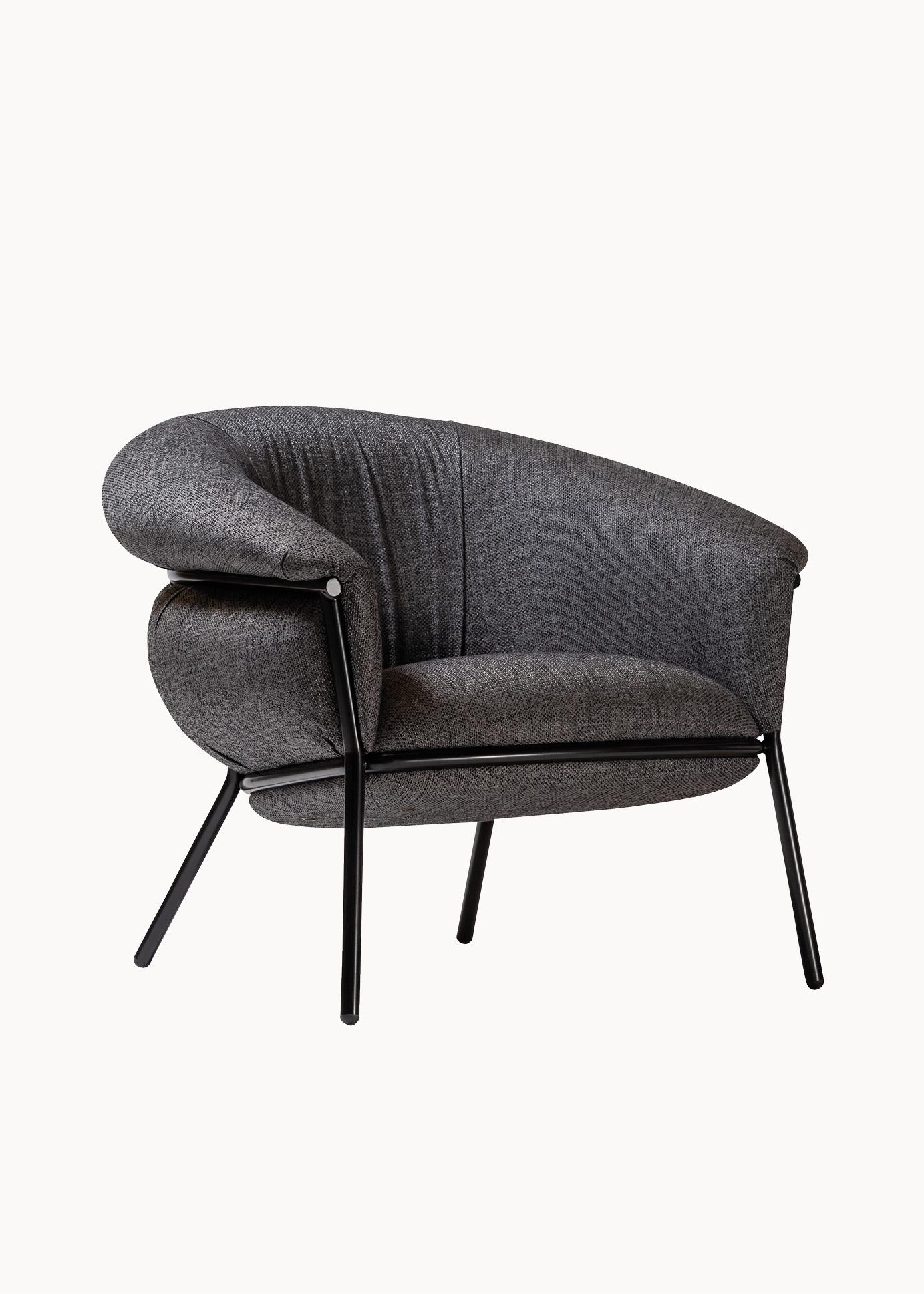 Contemporary Grasso Armchair by Stephen Burks padded grey curved upholstery black structure For Sale