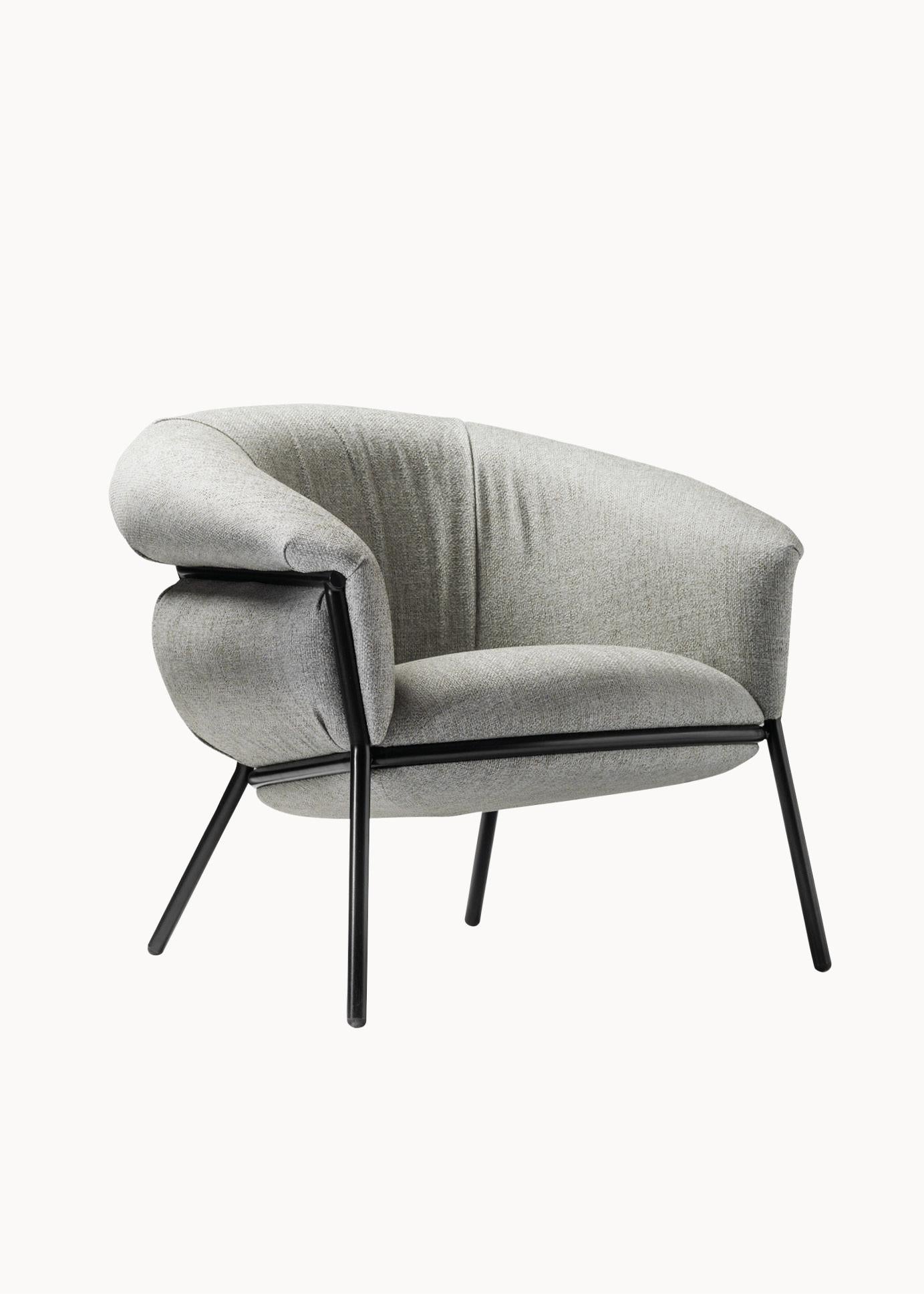 Steel Grasso Armchair by Stephen Burks padded grey curved upholstery black structure For Sale