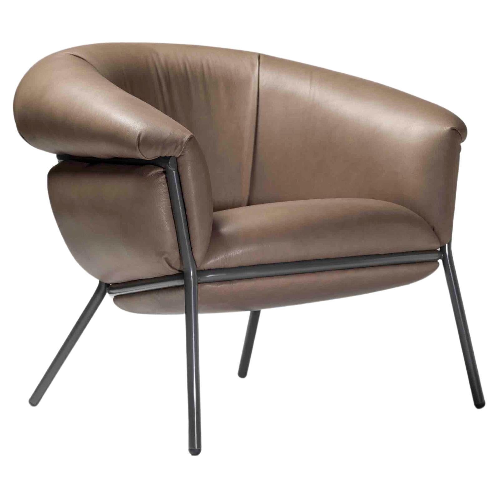 Grasso Armchair by Stephen Burks pale brown clay leather painted brown stucture For Sale