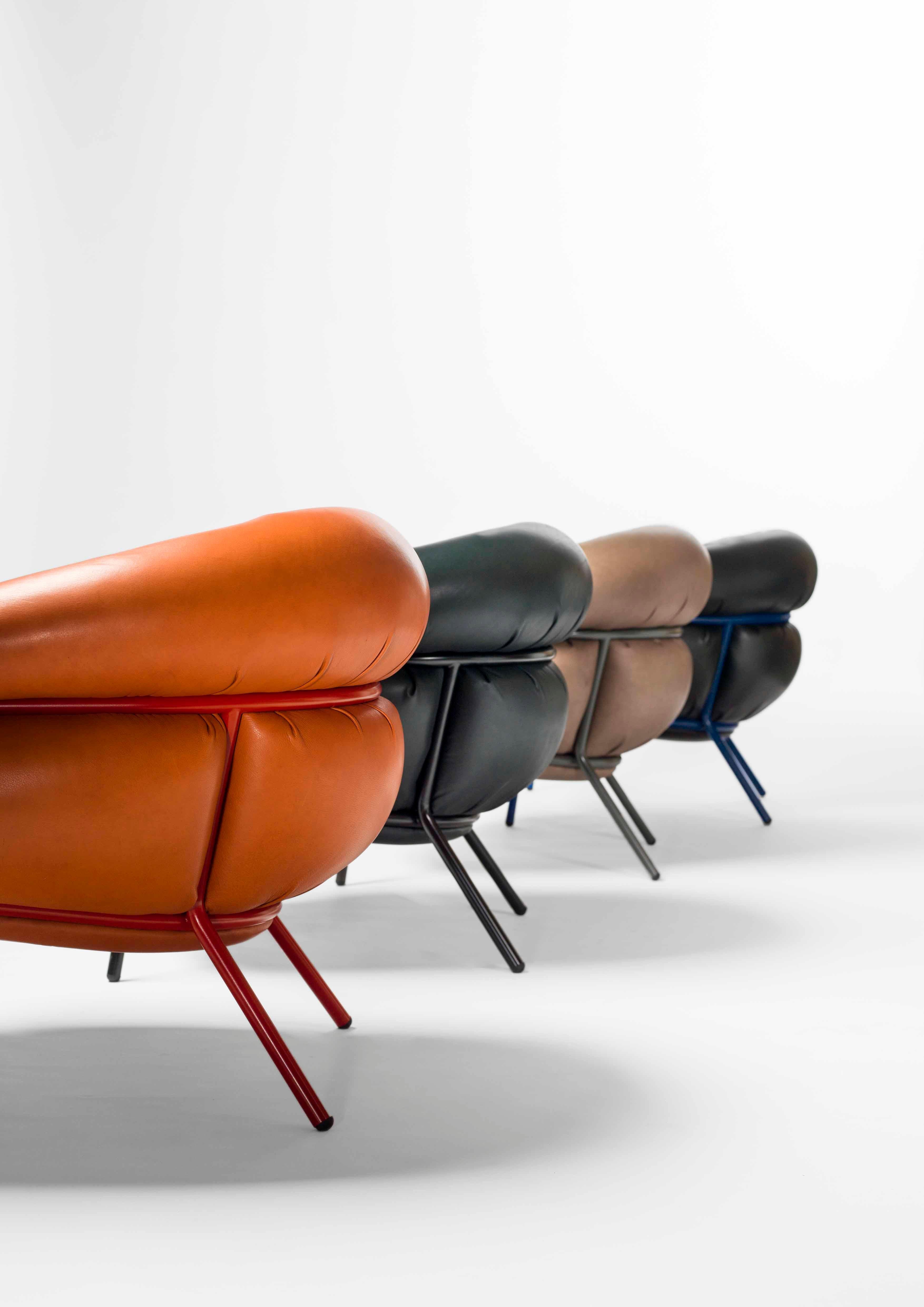 Modern Grasso armchair + footstool by Stephen Burks organge leather red metal structure For Sale