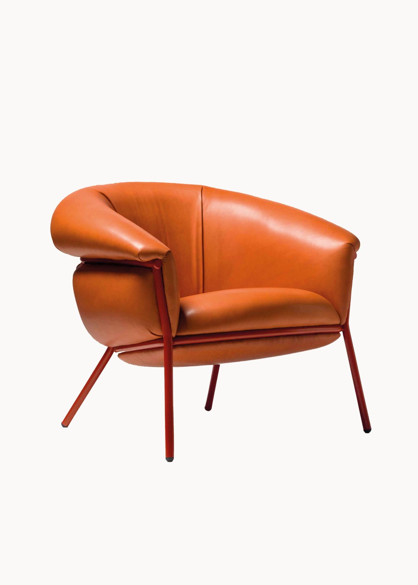 Grasso armchair + footstool by Stephen Burks organge leather red metal structure In New Condition For Sale In Barcelona, ES