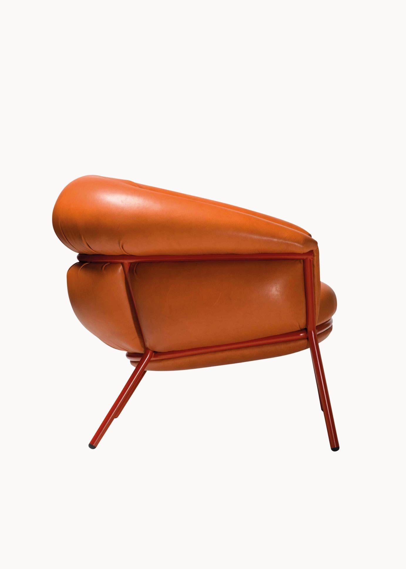 Contemporary Grasso armchair + footstool by Stephen Burks organge leather red metal structure For Sale
