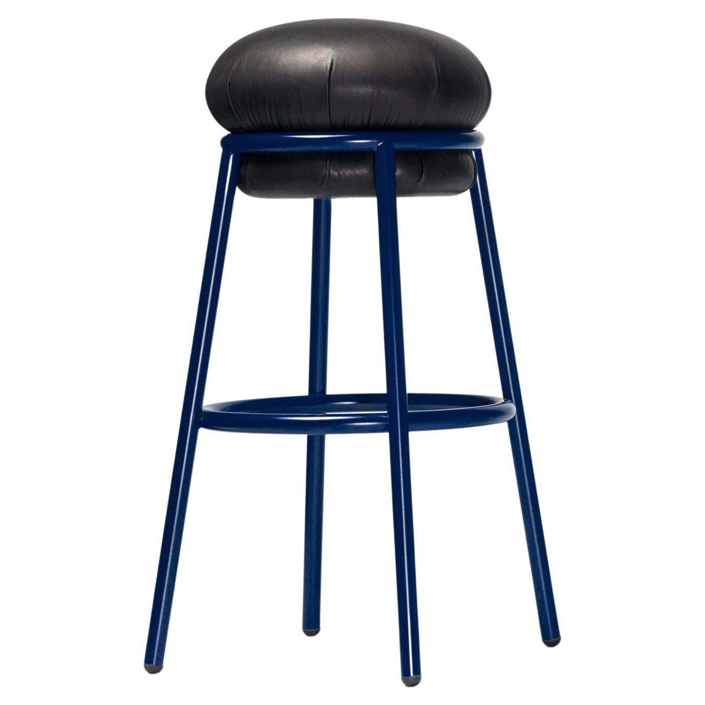 Grasso Bar Stool With Blue Steel Painted Framed With Black Leather Finish For Sale