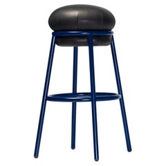 Grasso Bar Stool With Blue Steel Painted Framed With Black Leather Finish