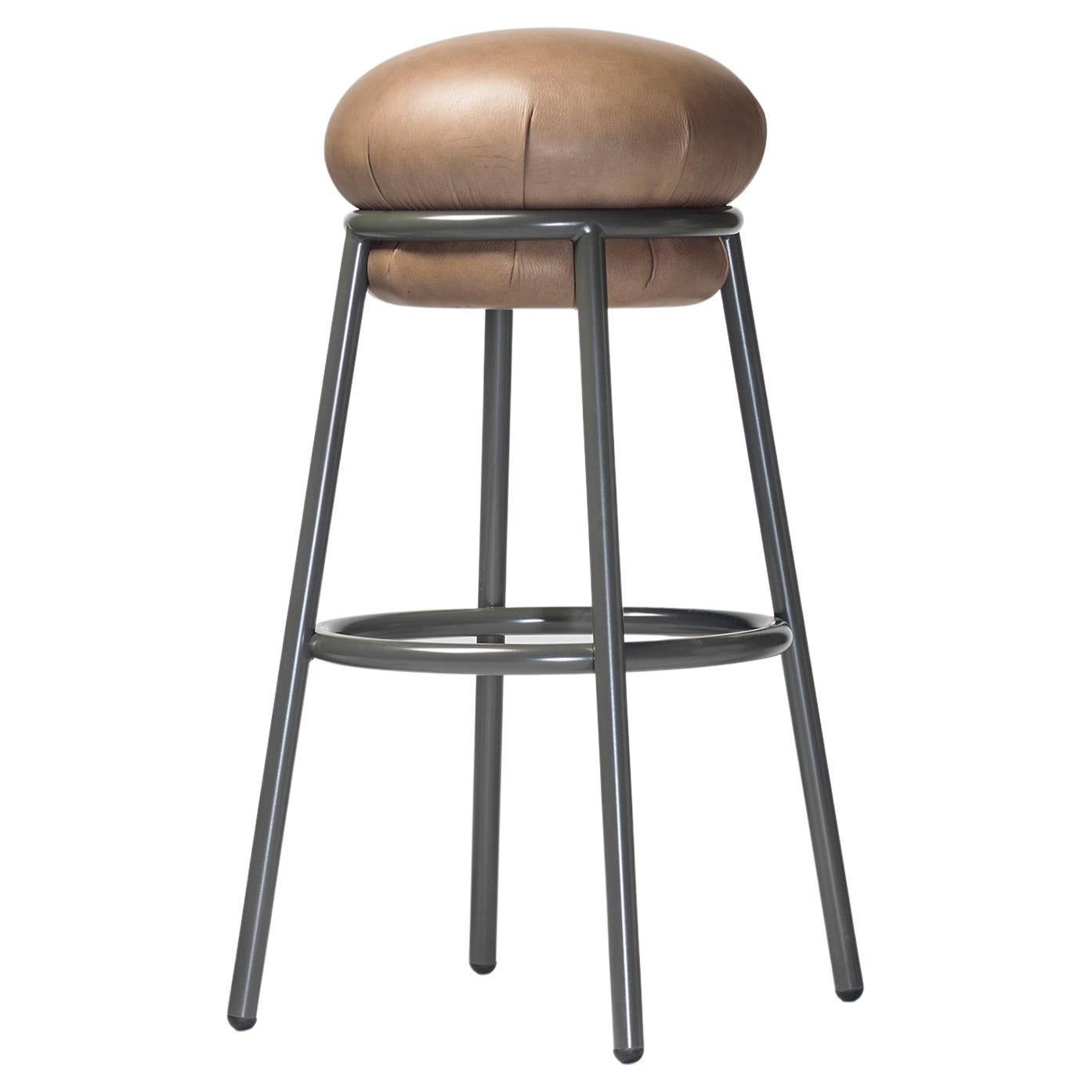 Grasso Bar Stool With Grey Steel Painted Framed With Clay Colored Leather Finish For Sale