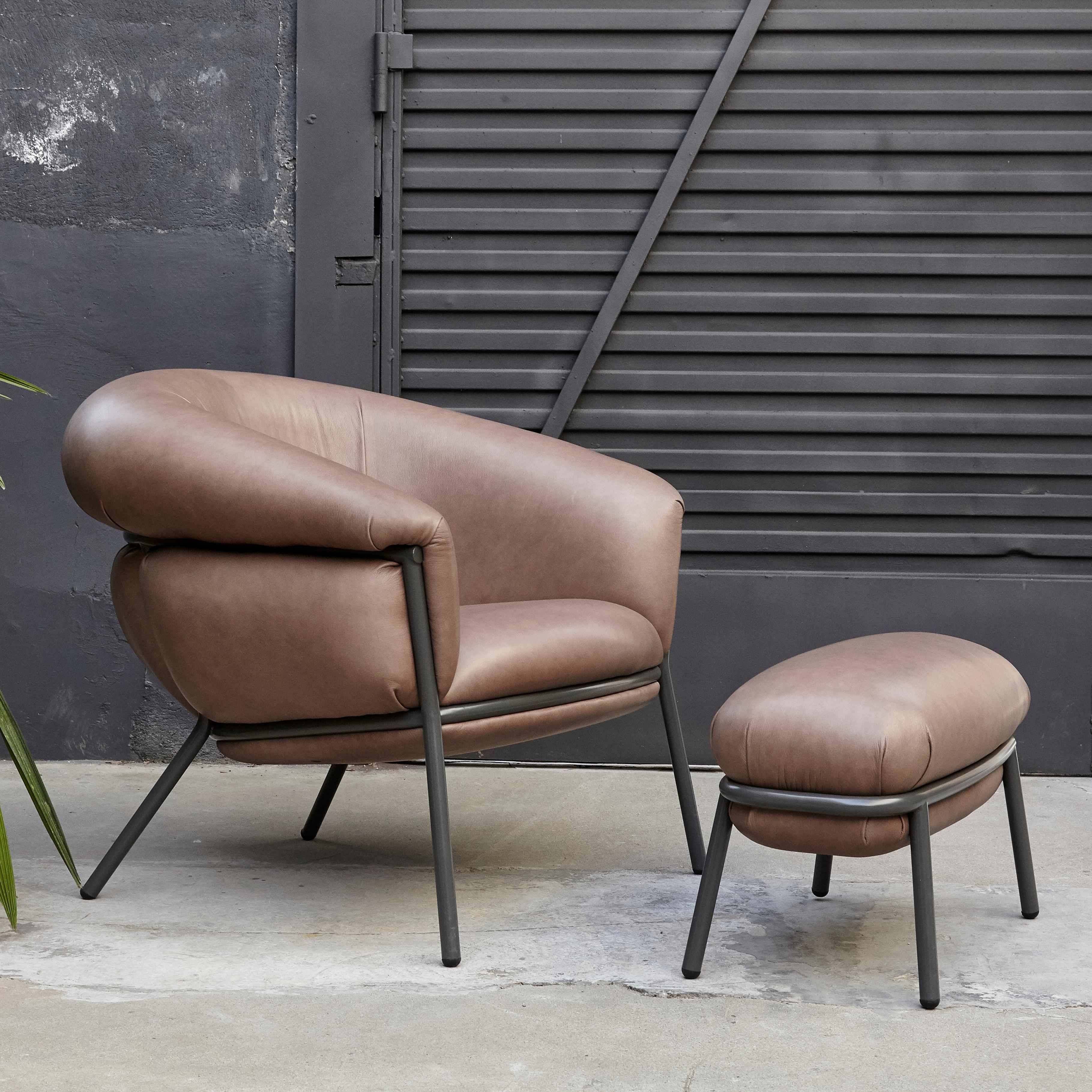 Modern Grasso Brown Leather and Lacquered Metal Armchair for BD by Stephen Burks