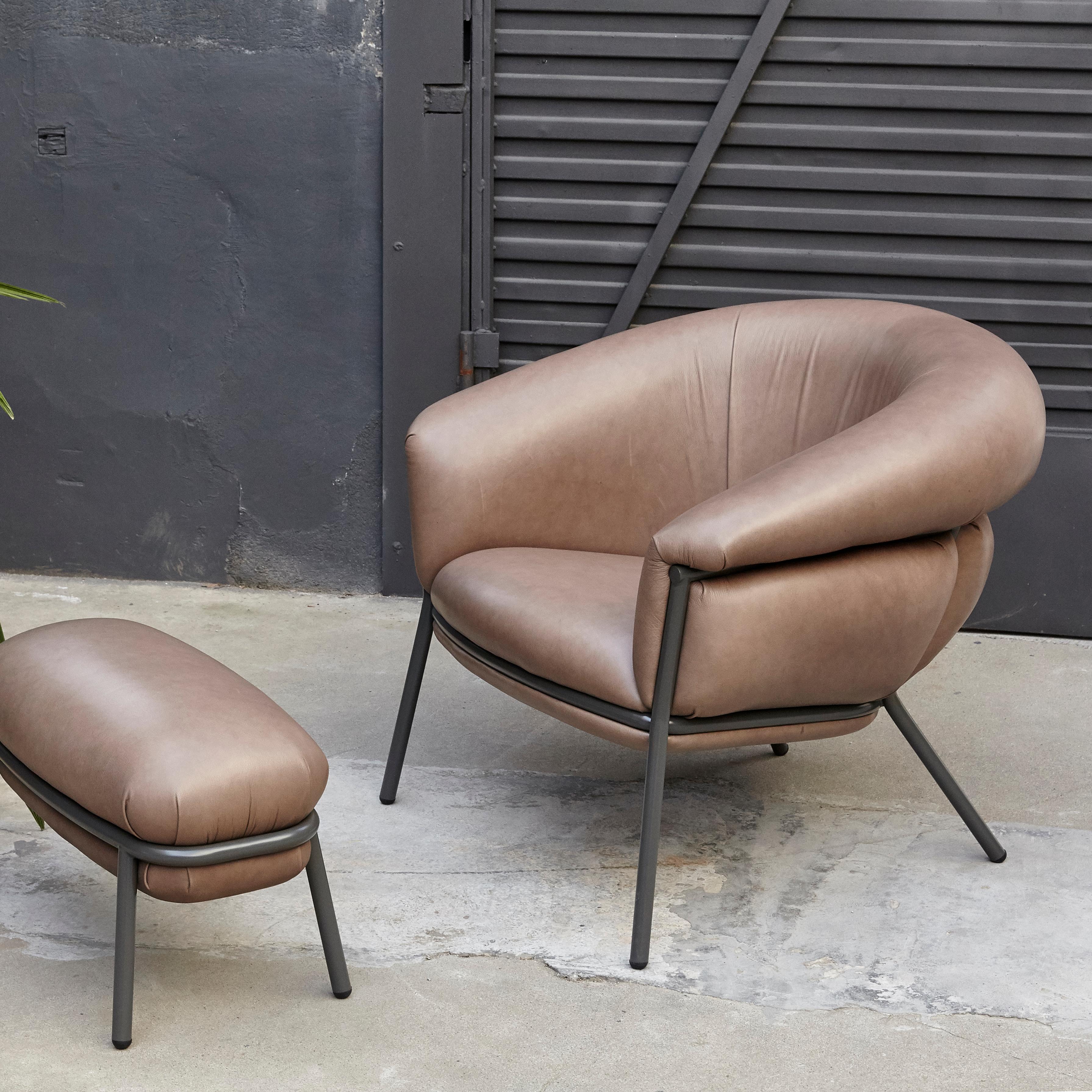 Contemporary Grasso Brown Leather and Lacquered Metal Armchair for BD by Stephen Burks