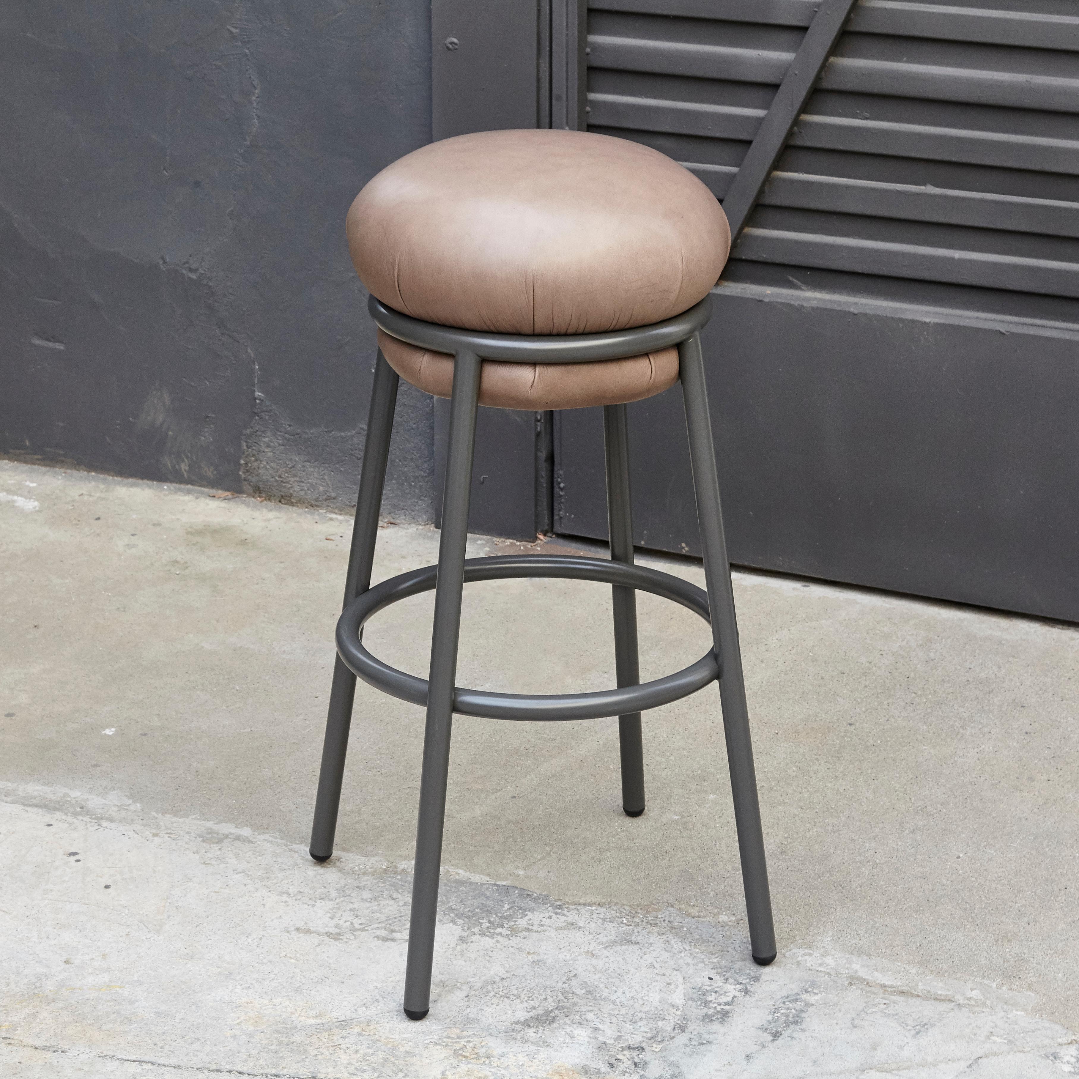 Organic Modern Grasso Contemporary Leather and Lacquered Metal Stool by Stephen Burks in Brown