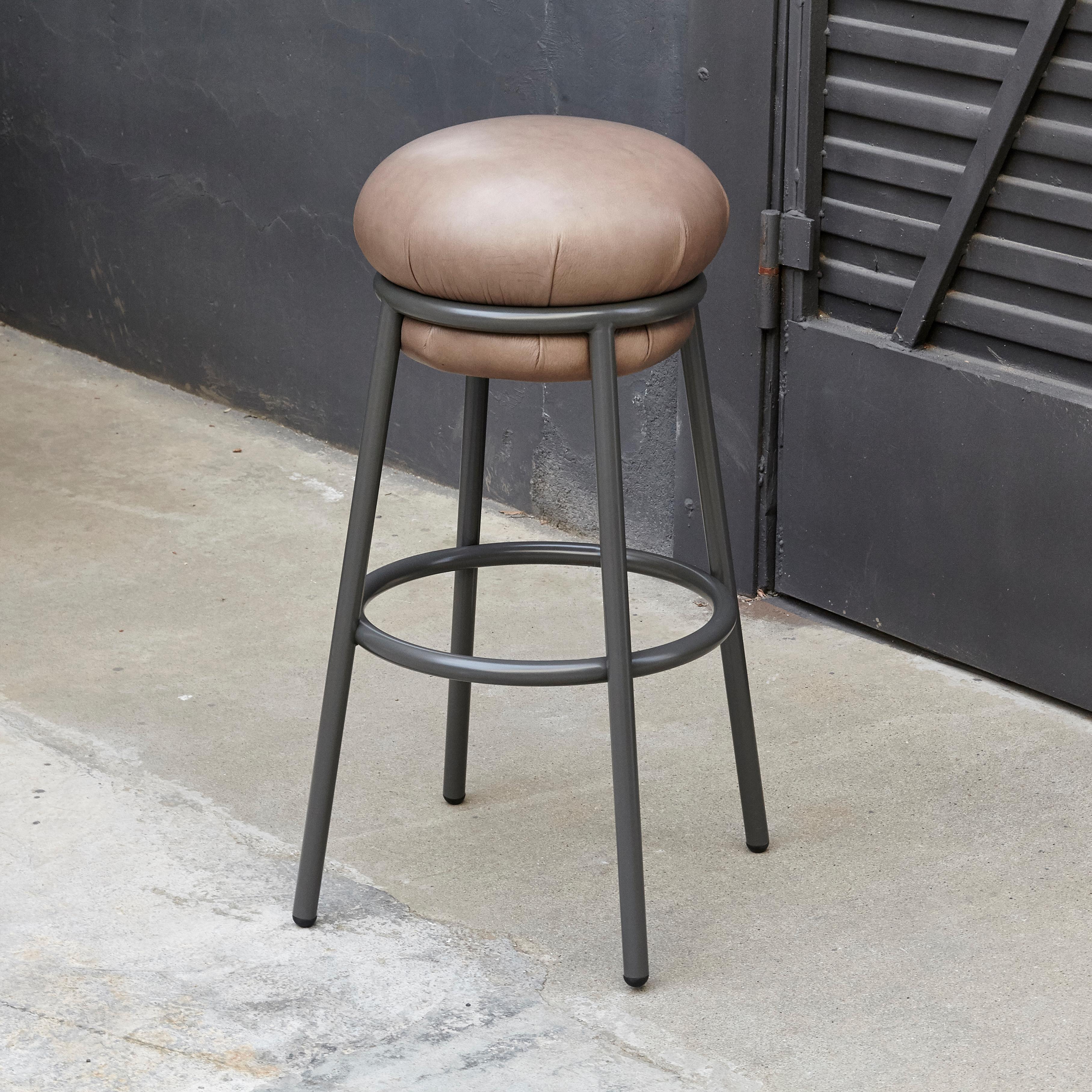 Spanish Grasso Contemporary Leather and Lacquered Metal Stool by Stephen Burks in Brown