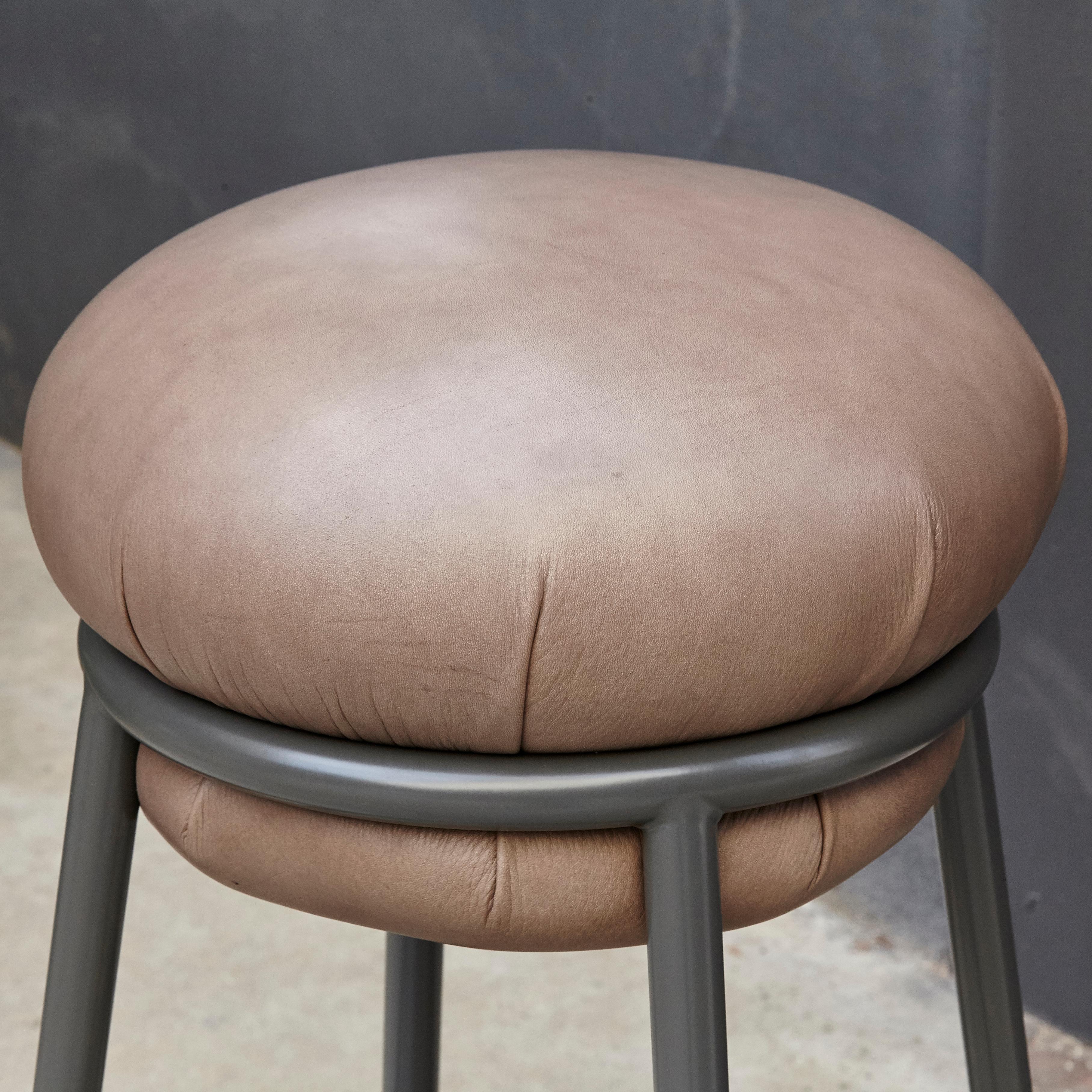 Iron Grasso Contemporary Leather and Lacquered Metal Stool by Stephen Burks in Brown