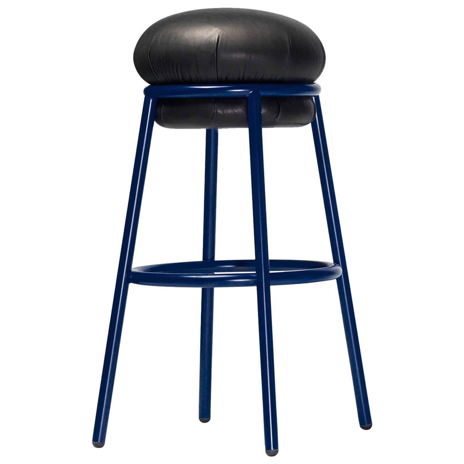 Grasso Stool in Black Leather with Blue Legs by BD Barcelona For Sale