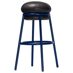 Grasso Stool in Black Leather with Blue Legs by BD Barcelona