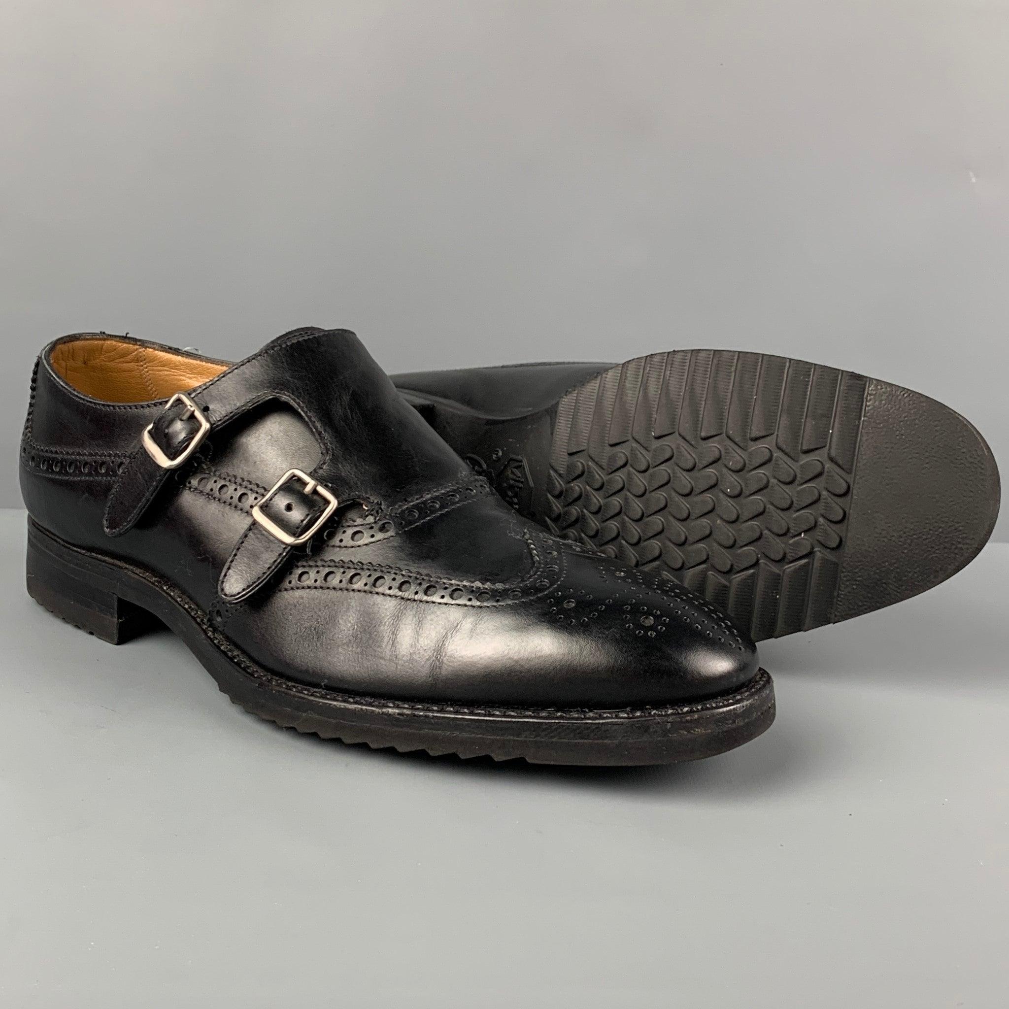 GRAVATI Size 10 Black Perforated Leather Double Monk Strap Lace Up Shoes In Good Condition For Sale In San Francisco, CA