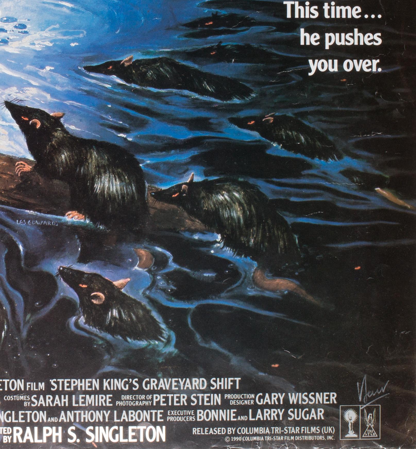 We love Vic Fair's design and Les Edwards’s illustration for Stephen King's film adaptation graveyard shift. What is especially fabulous is that it bears the signature of fair!

Interesting note, the head in the water is actually modeled on fellow