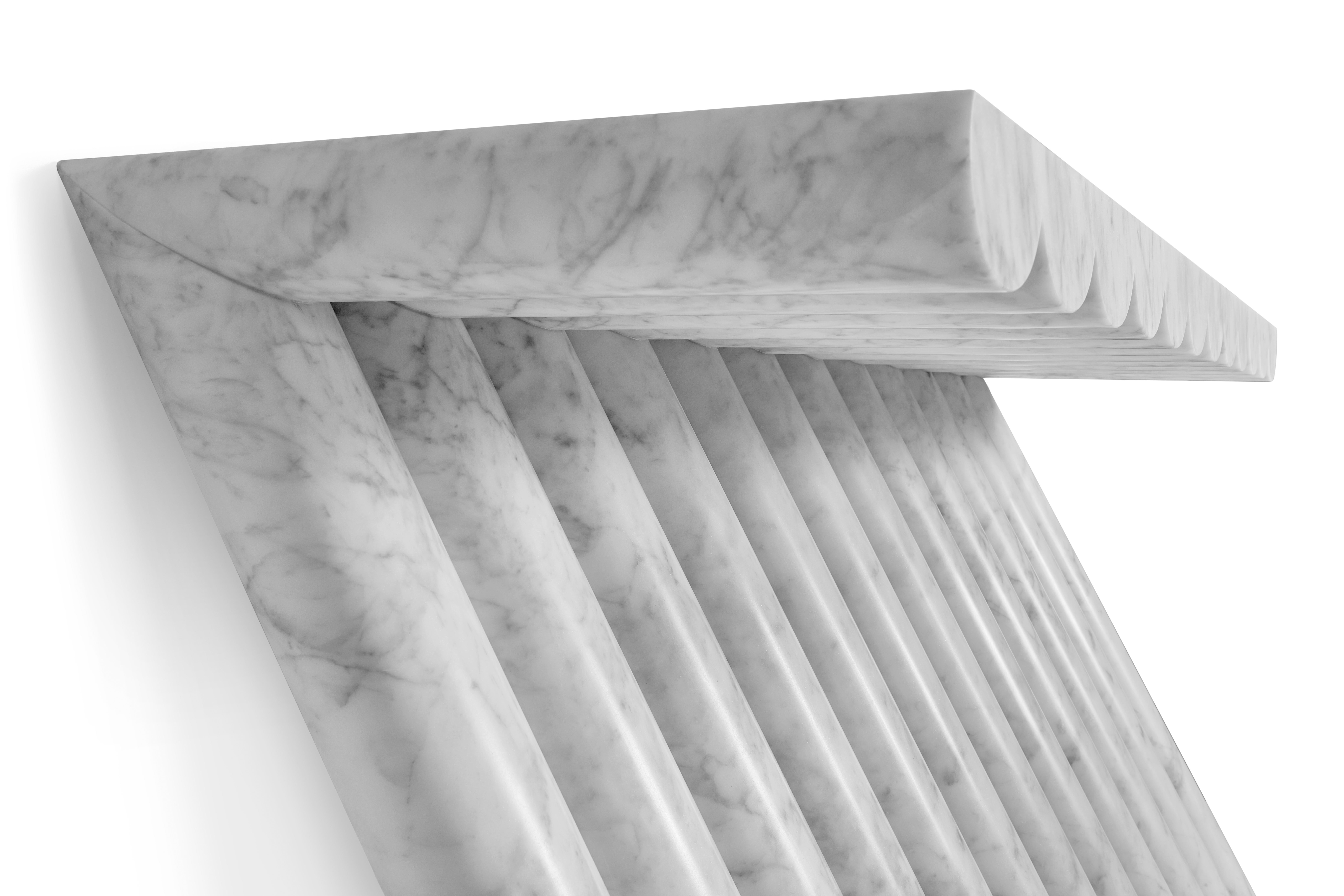 Gravity Marble Console by Ginger & Jagger
Dimensions: D 50 x W 150 x H 85 cm. 
Materials: Carrara marble.
Finish: Carrara marble in honed finishing.

This product is suitable for custom size. This product is made for living areas and interior spaces