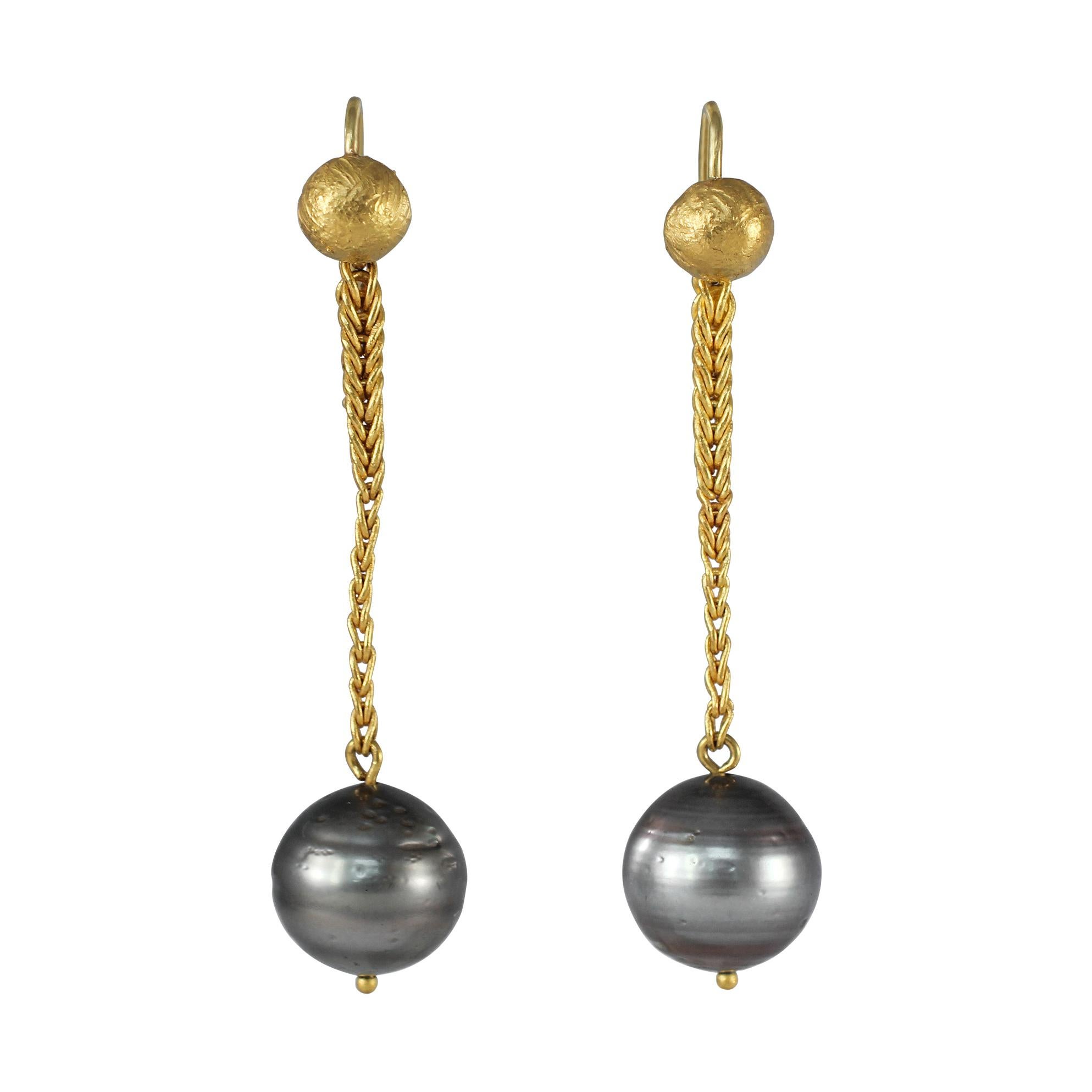 Gray 22K Gold Tahitian Pearl Dangle Drop Earrings Contemporary Design