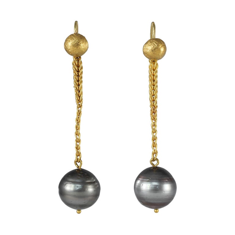 Gray 22 Karat Gold Tahitian Pearl Dangle Drop Earrings Contemporary Designer For Sale