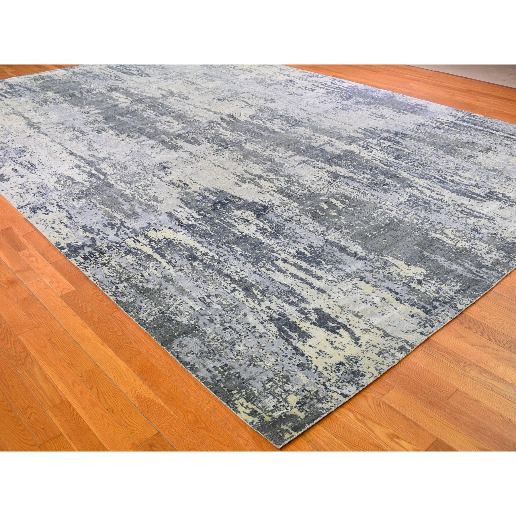 Handgeknüpfter Teppich aus Wolle und Seide in Grau mit abstraktem Design und persischem Knoten 12'x18'1