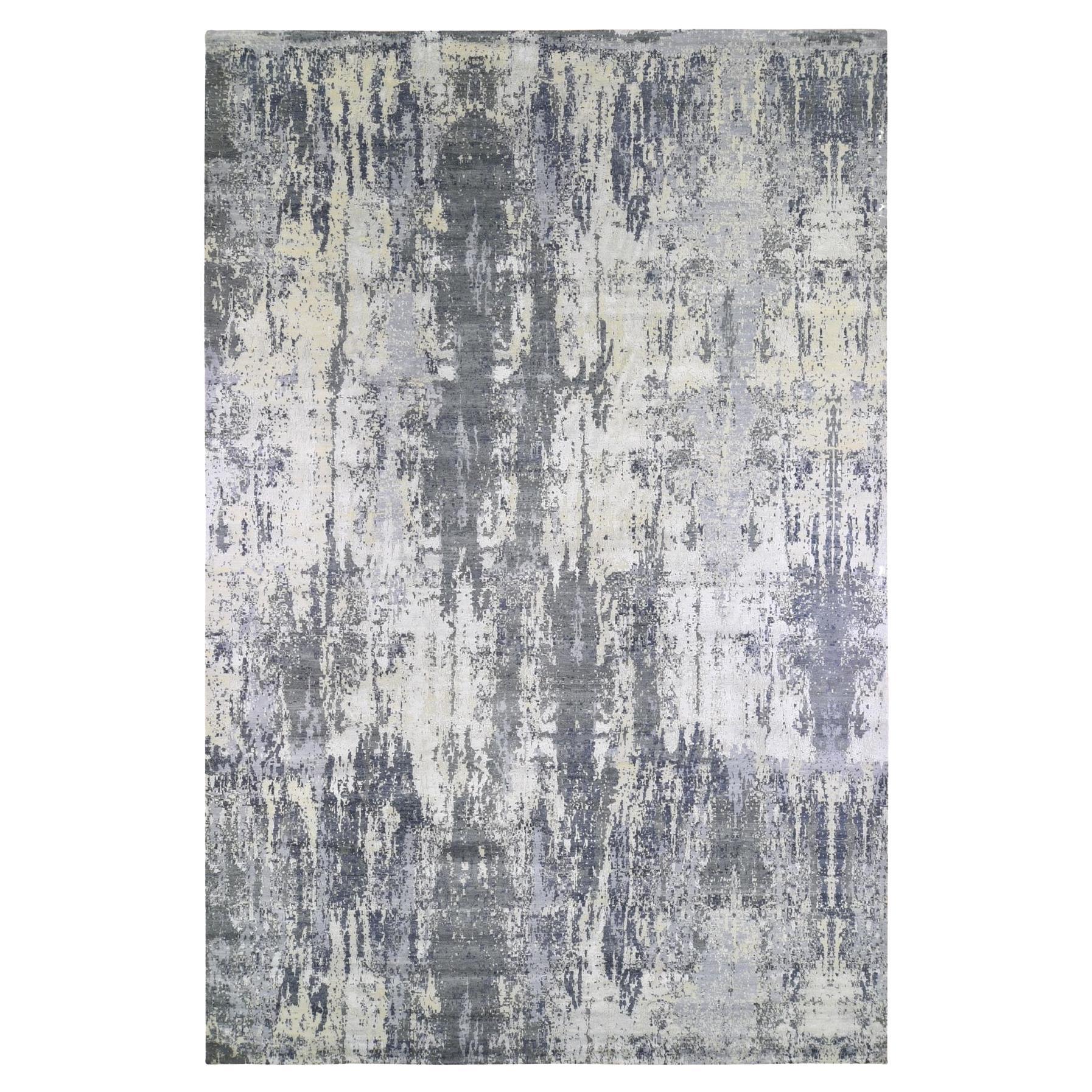 Gray Abstract Design with Persian Knot Wool and Silk Hand Knotted Rug 12'x18'1"