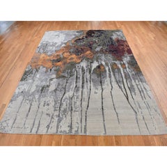 Tappeto grigio Abstract Dripping Design in lana e seta annodato a mano 8'10" x 12'3"