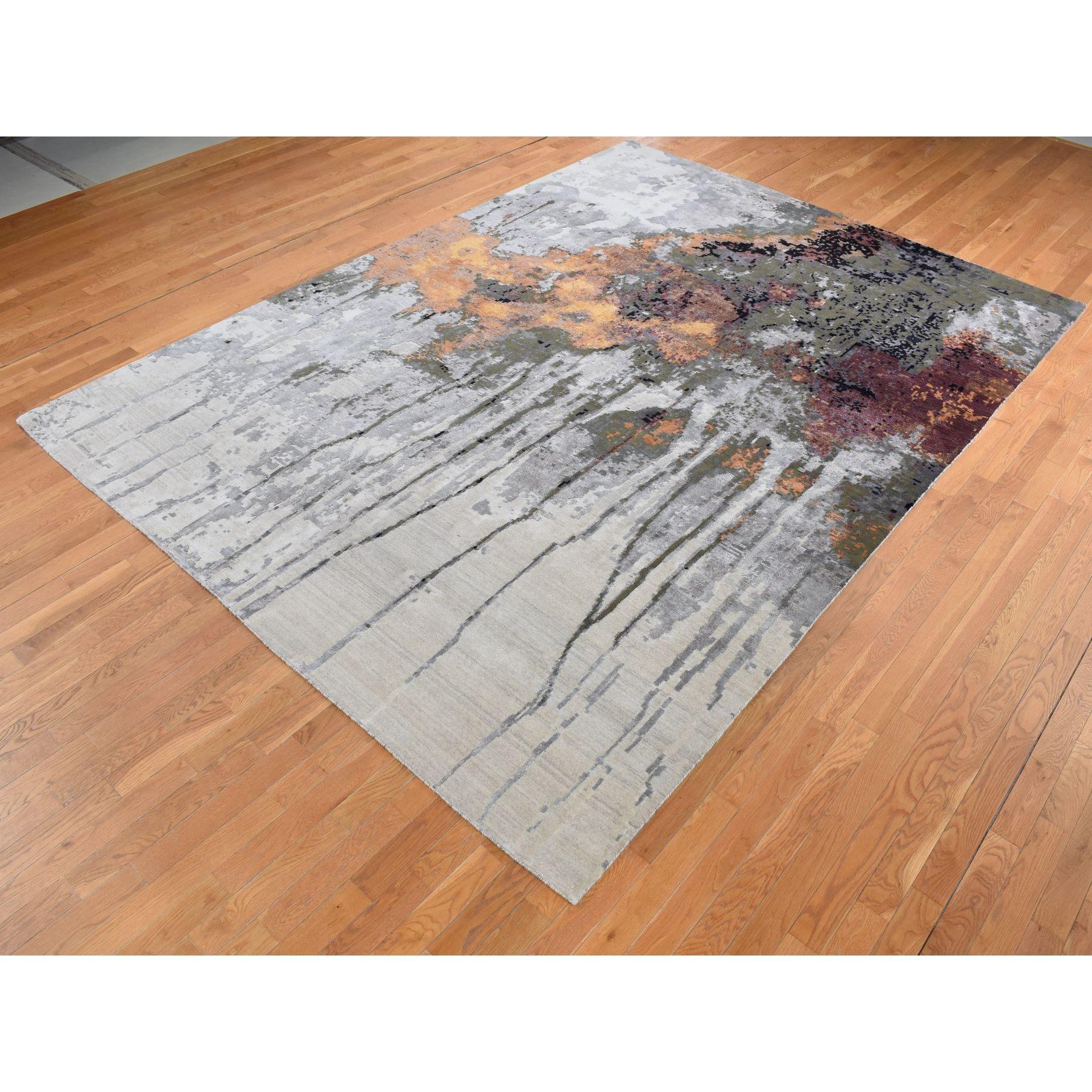Handgeknüpfter Teppich aus Wolle und Seide in Grau mit abstraktem Tropfendesign 8'10
