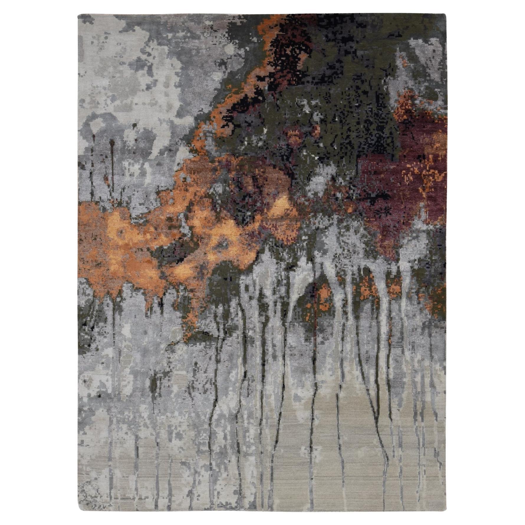 Handgeknüpfter Teppich aus Wolle und Seide in Grau mit abstraktem Tropfendesign 8'10" x 12'3"