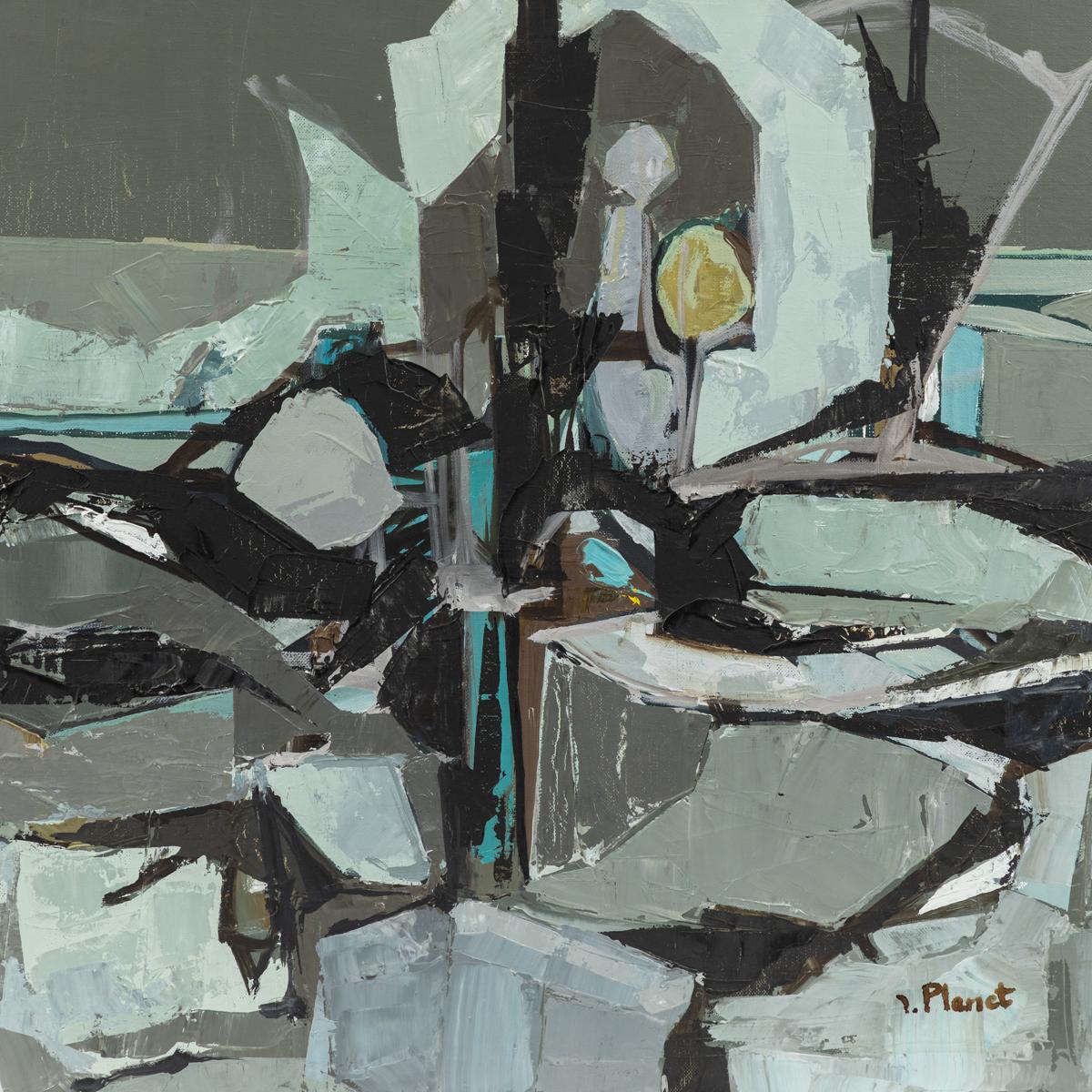 Abstract painting from 1960s France by artist Planet. Featuring a densely layered surface of grays and greenish blues, the piece is at once dynamic and serene. 

France, circa 1960

Dimensions: 25.5W x 1D x 21.5H