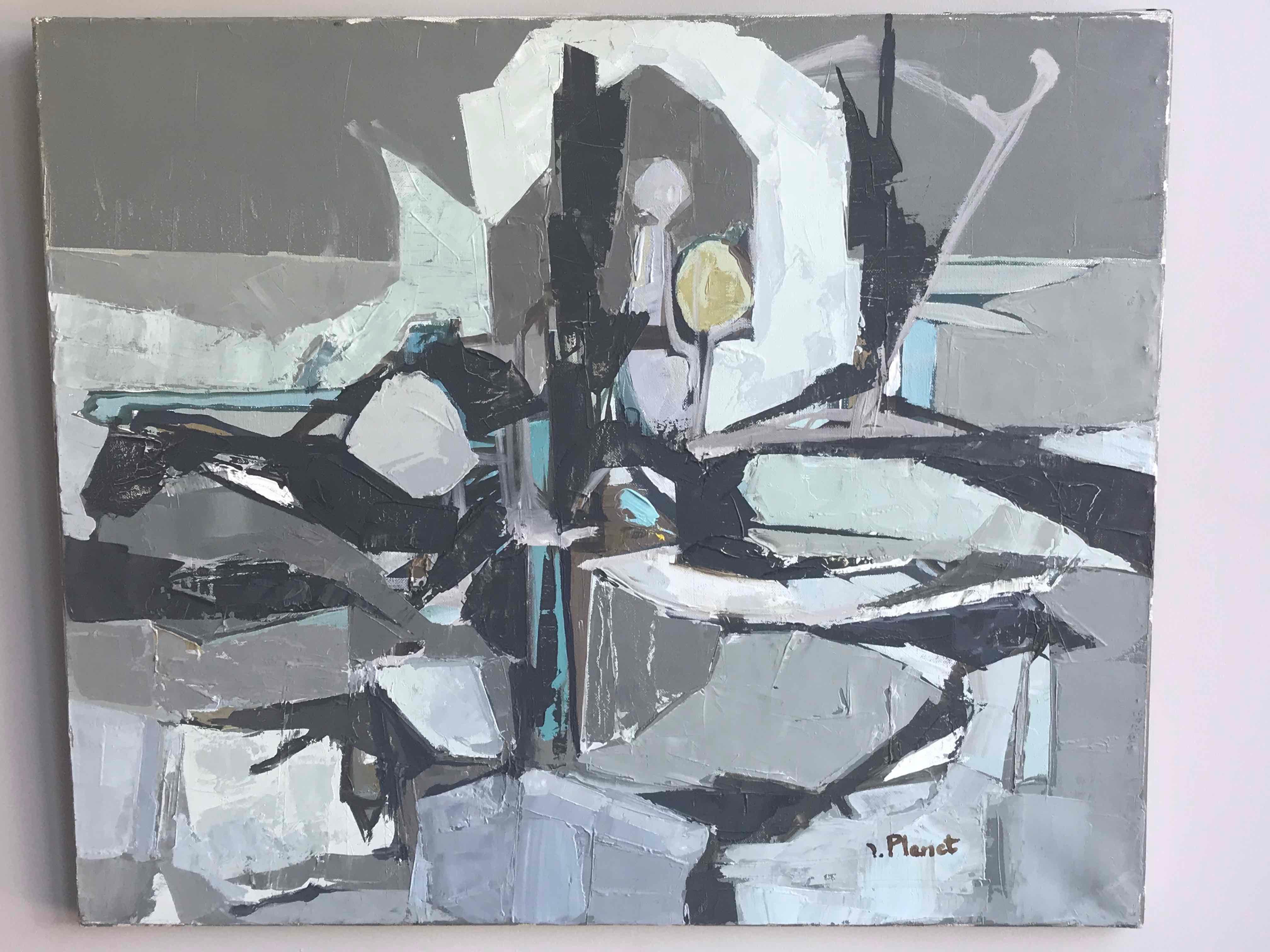 Gray abstract painting by artist Planet circa 1960 France. 