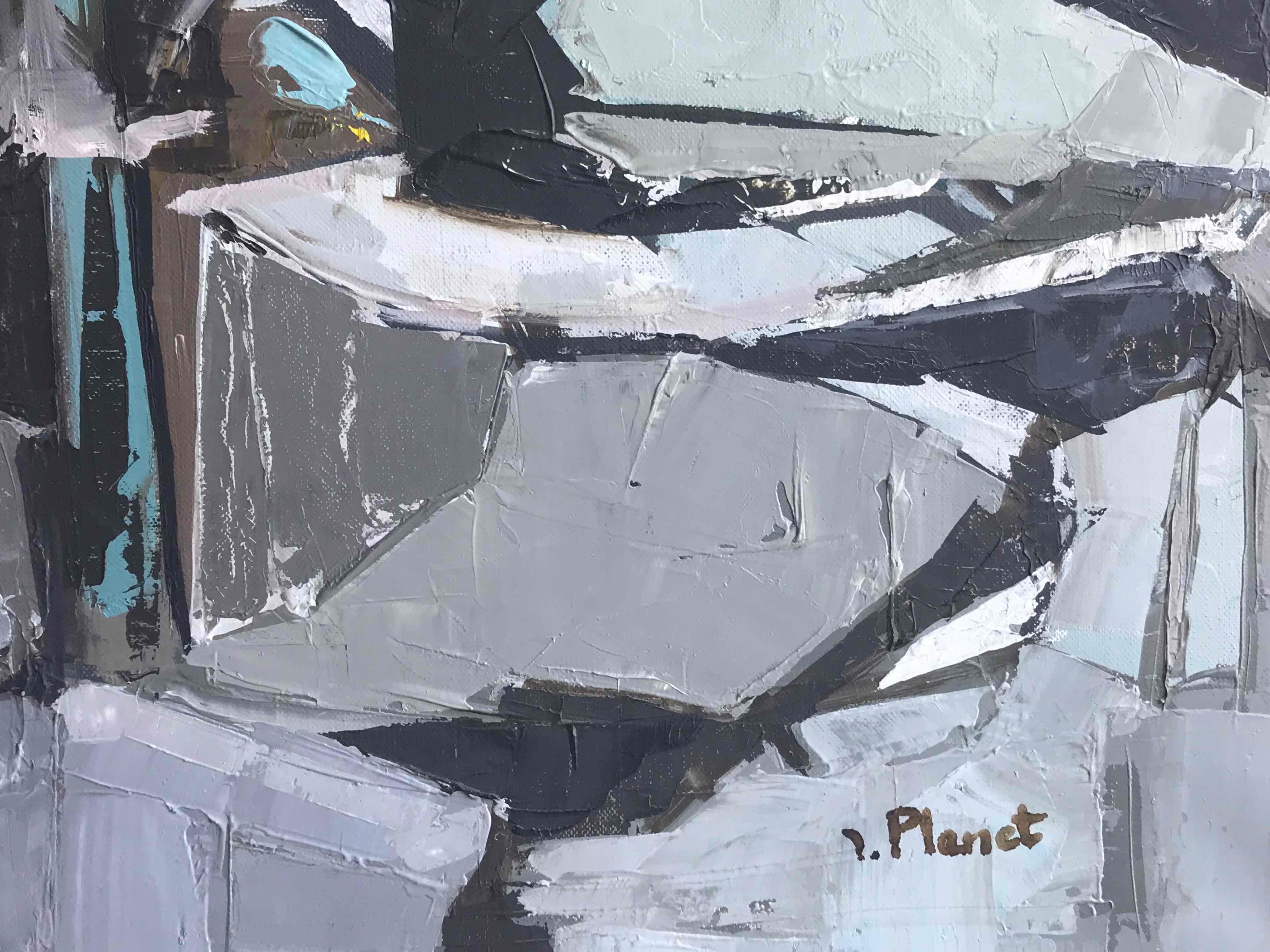French Gray Abstract Painting by Artist Planet Circa 1960 France