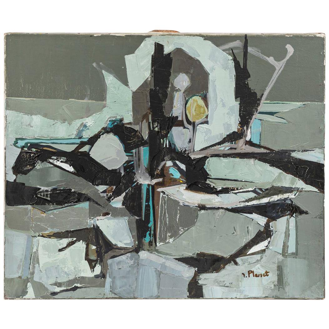 Gray Abstract Painting by Artist Planet, circa 1960, France For Sale