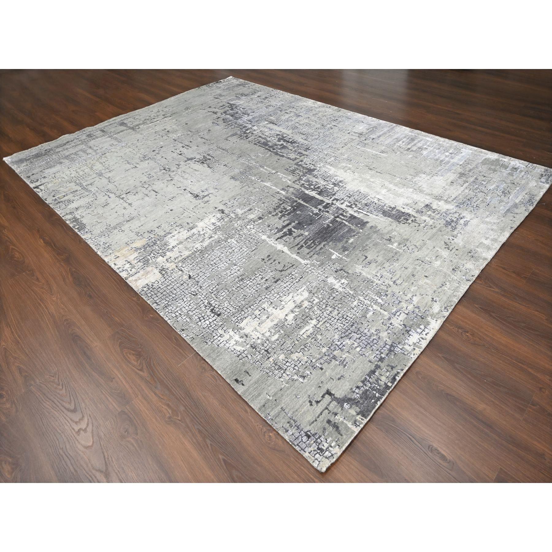 Moderne Tapis gris abstrait avec motif mosaïque noué à la main 9'1