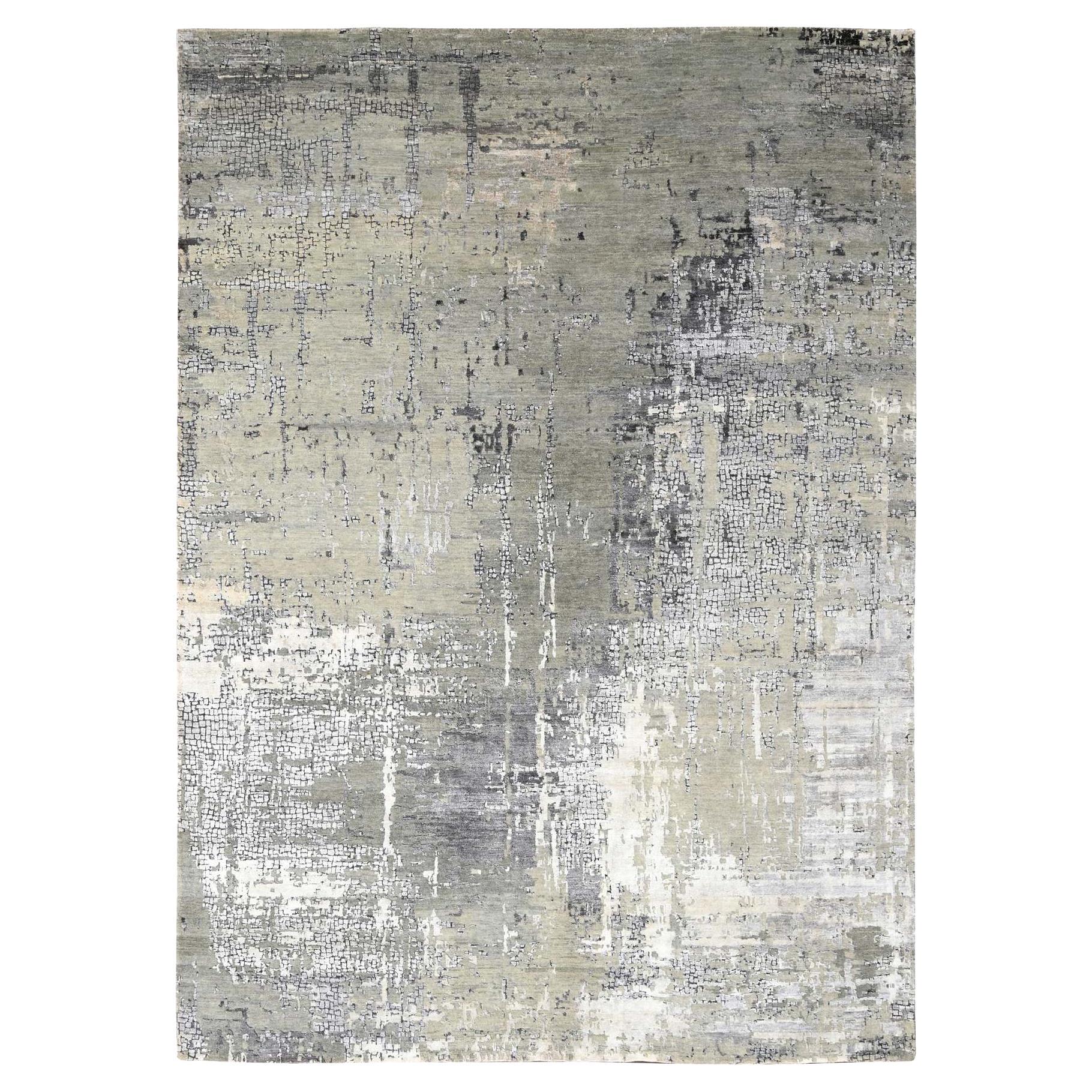Tappeto grigio astratto con disegno a mosaico in lana e seta annodato a mano 9'1" x 11'10"