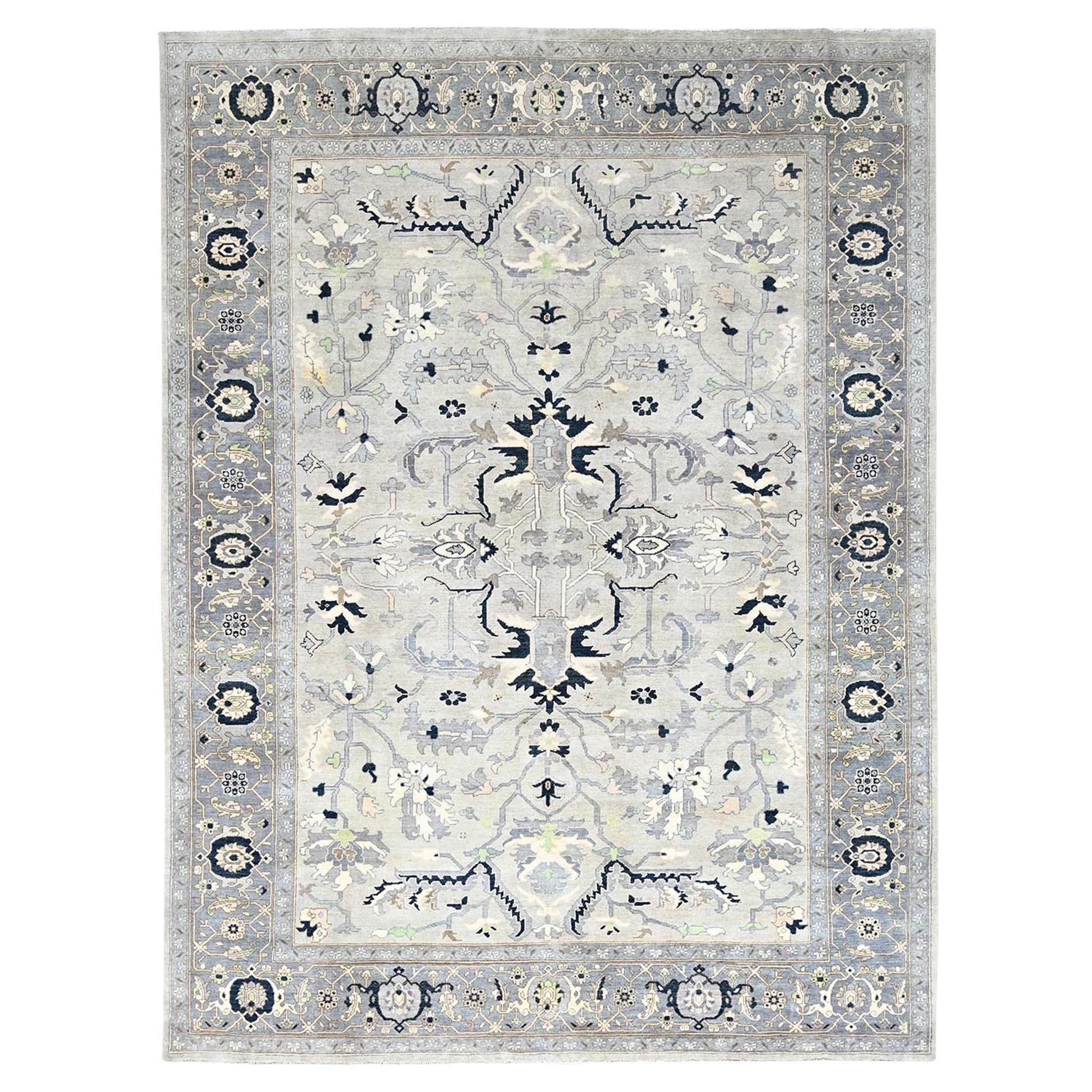 Gray Afghan Peshawar with Serapi Heriz Design Wool Hand Knotted Rug 9'0" x 12'2"