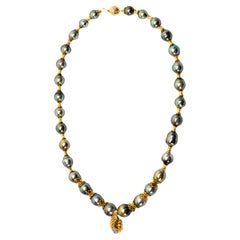 Gray Baroque Pearl Necklace w Diamond 14K Yellow Gold Pendant