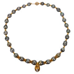 Gray Baroque Pearl Necklace w Diamond 14K Yellow Gold Pendant