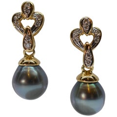 Gray Akoya Pearl 14 Karat Yellow Gold Drop Earrings with Diamond Accents