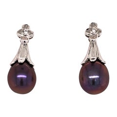 Gray Akoya Pearl White Gold Drop Earring with Diamond Accents