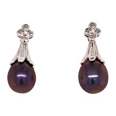 Vintage Gray Akoya Pearl White Gold Drop Earring with Diamond Accents