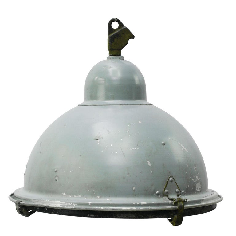 Gray Aluminum Vintage Industrial Cast Iron Top Clear Glass Pendant Lamps For Sale