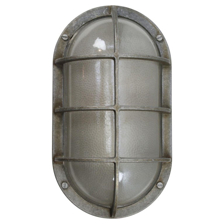 Cast Gray Aluminum Vintage Industrial Frosted Glass Wall Lamp Scone For Sale