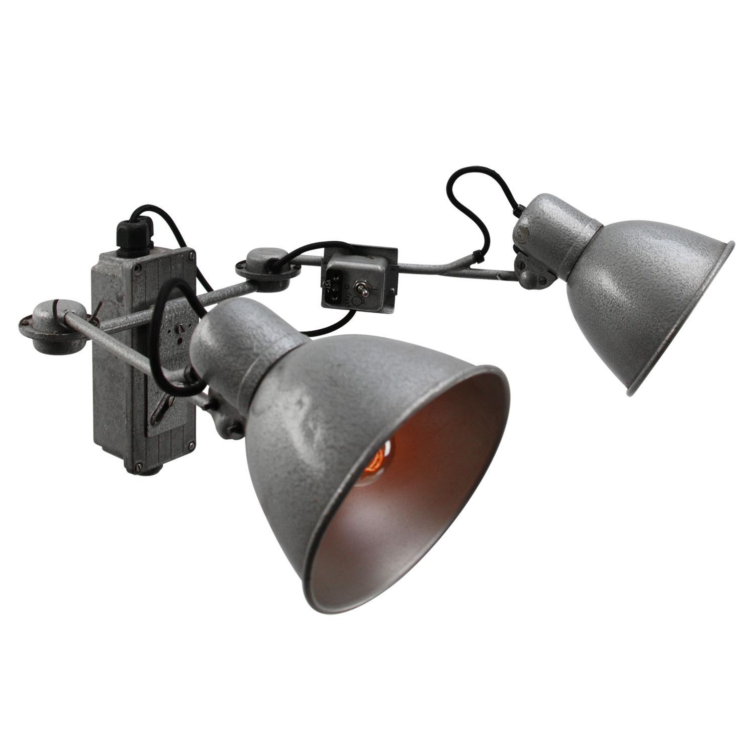 German double photography wall lights
Aluminum and metal

Weight: 1.80 kg / 4 lb

Priced per individual item. All lamps have been made suitable by international standards for incandescent light bulbs, energy-efficient and LED bulbs. E26/E27